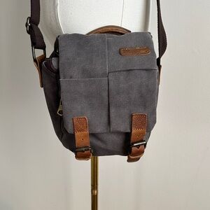 Brown Gray Canvas DSLR Camera Case Shoulder Messenger Bag Crossbody Vintage Look